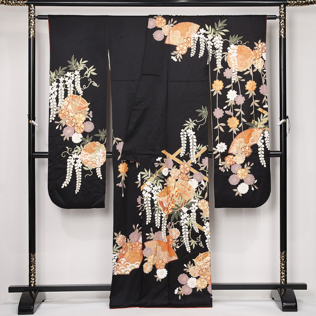 振袖 袷 身丈164cm 裄丈65cm 正絹 Sランク フォーマル 広衿 Lサイズ 吉祥文様 黒系 RP 1215-06787