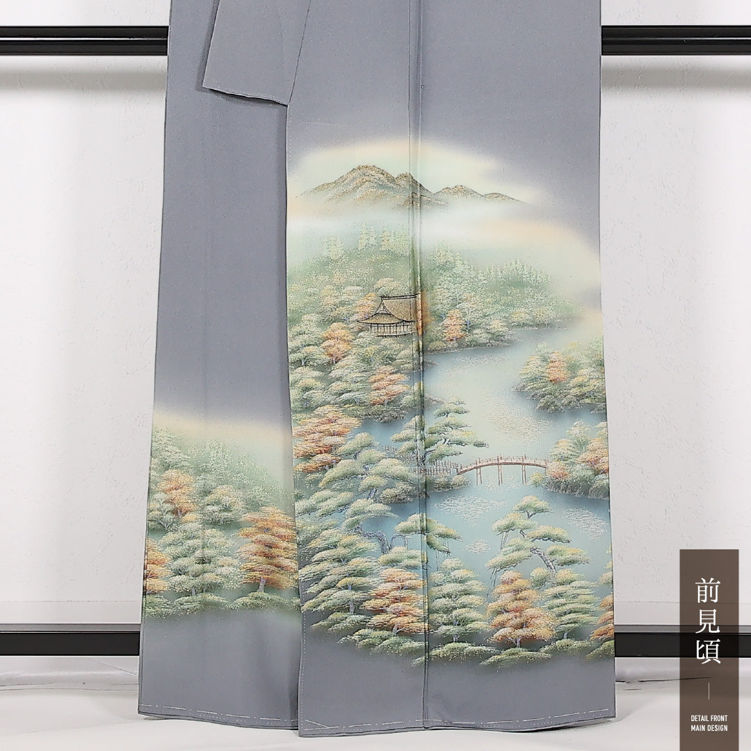 未使用品 訪問着 袷 身丈161cm 裄丈66cm 正絹 Sランク セミフォーマル 広衿 Lサイズ ぼかし染 金彩 しつけ糸 楼閣 山水 グレー系 PO 1217-17529