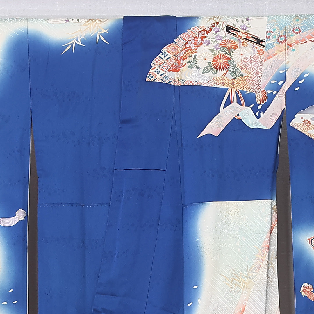振袖 袷 身丈164cm 裄丈67cm 正絹 Sランク フォーマル 広衿 Lサイズ 刺繍 扇 菊 青系 RP 1215-06713