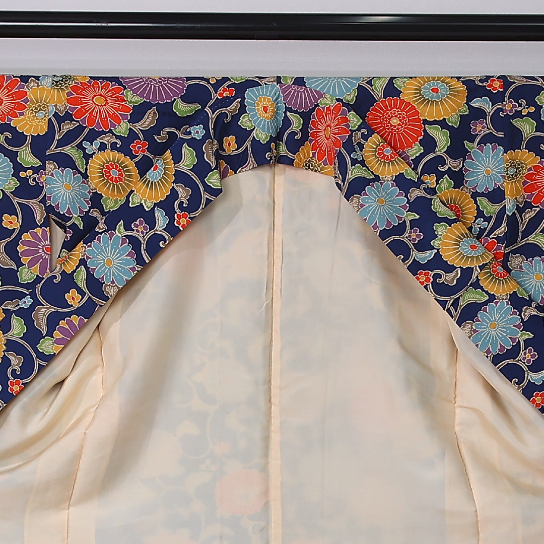 振袖 袷 身丈156cm 裄丈65cm 正絹 Sランク フォーマル 広衿 Mサイズ 菊 紺系 RP 1215-06768