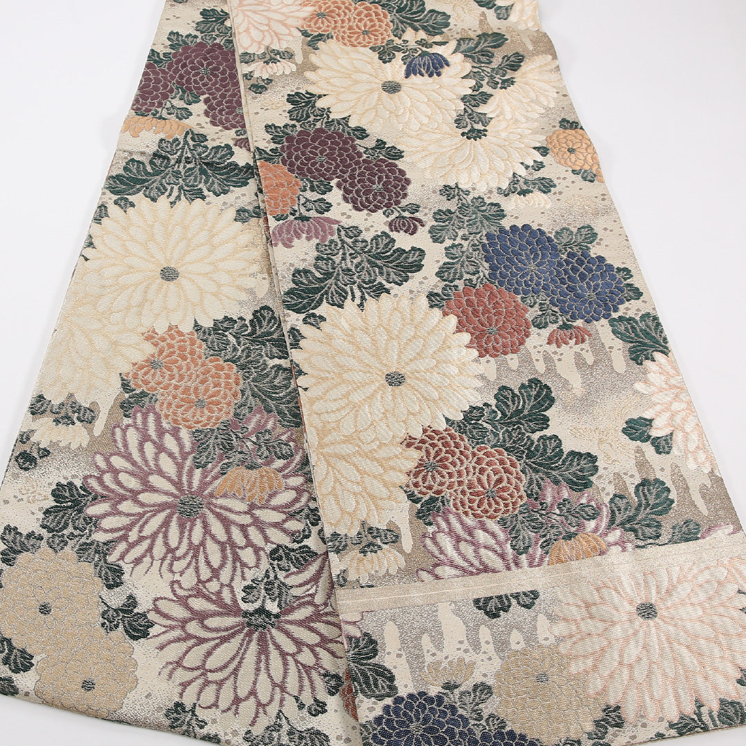 アンティーク 丸帯 帯丈396cm 正絹 全通 菊 クリーム系 1242-02560
