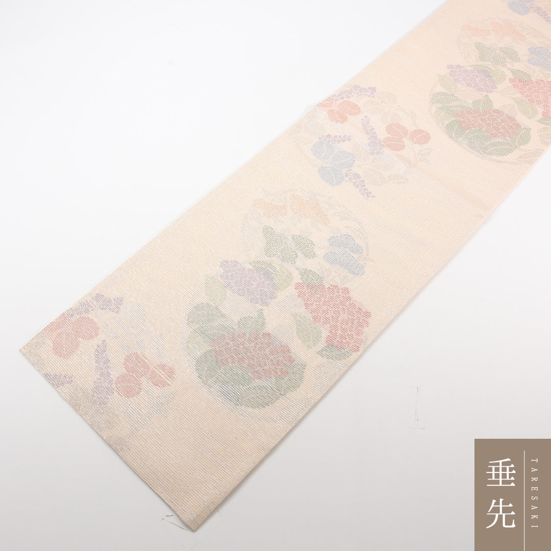 夏物 袋帯 帯丈434cm 正絹 六通 セミフォーマル 唐草牡丹 丸文 クリーム系 ピンク系 1243-02466