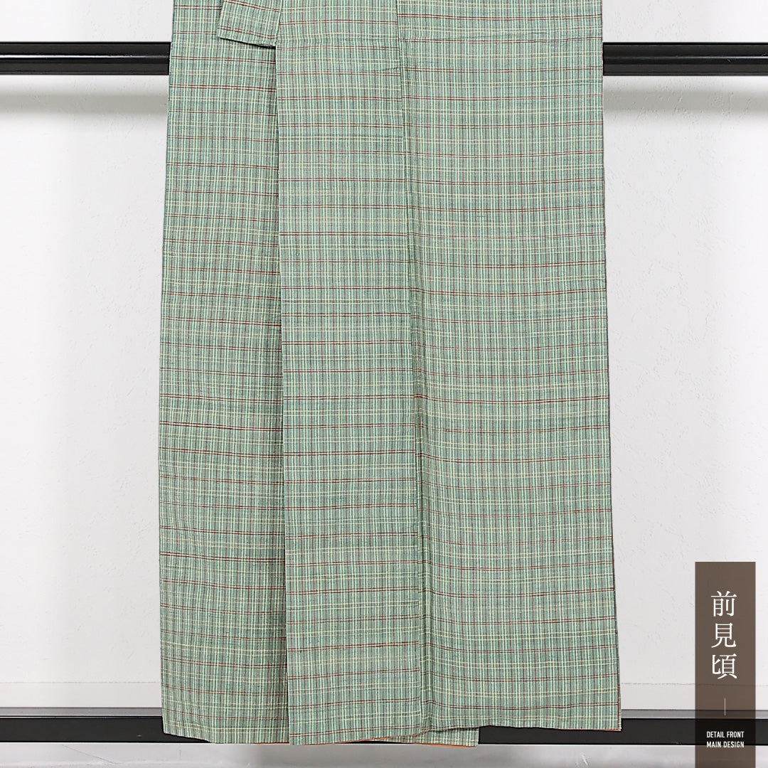 真綿紬 袷 身丈152cm 裄丈62cm 正絹 Cランク カジュアル バチ衿 XSサイズ 格子 緑系 RP 1223-17491
