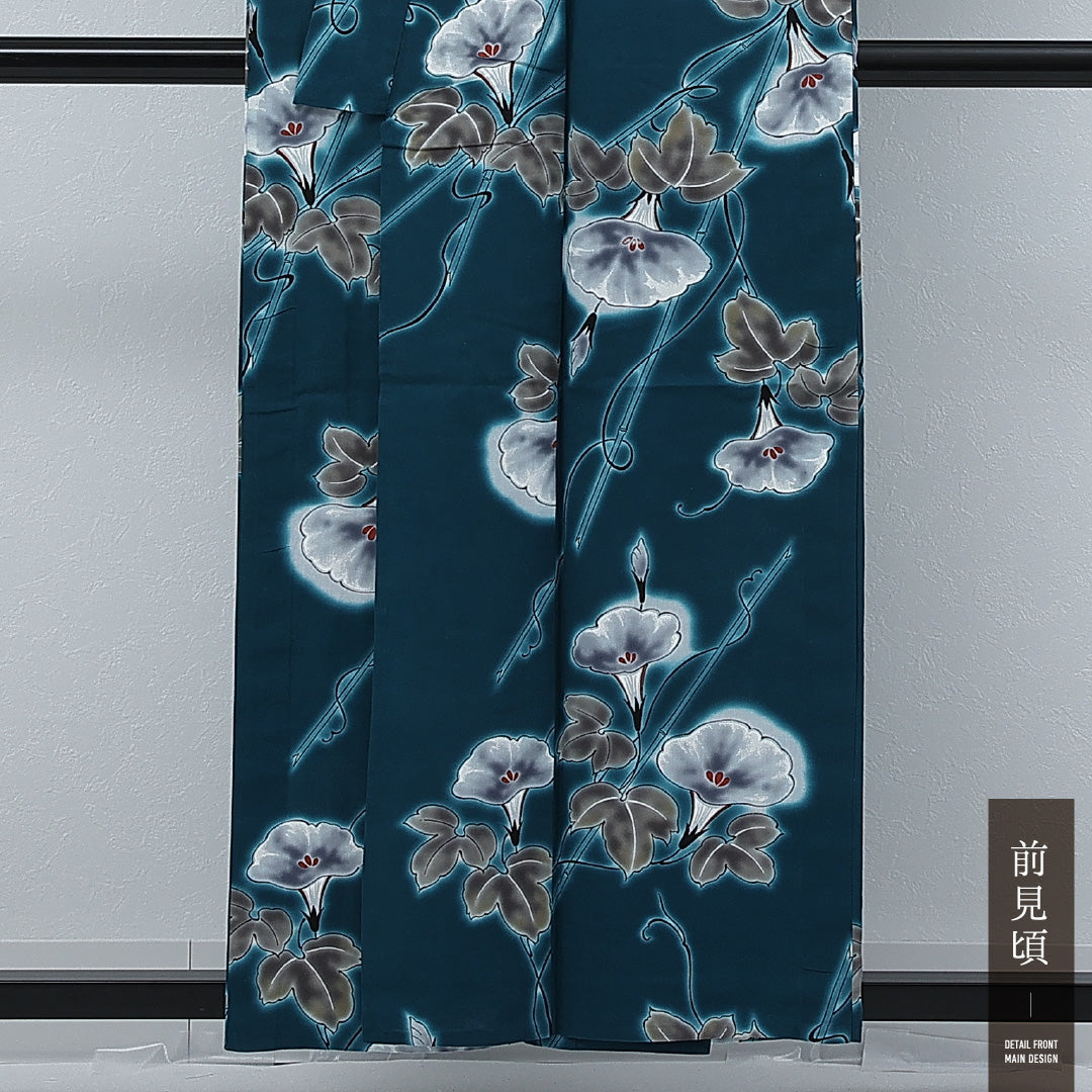 夏物 洗える着物 木綿の浴衣 身丈154cm 裄丈67cm 木綿 Sランク カジュアル バチ衿 Mサイズ 朝顔 青系 RP 1225-17253