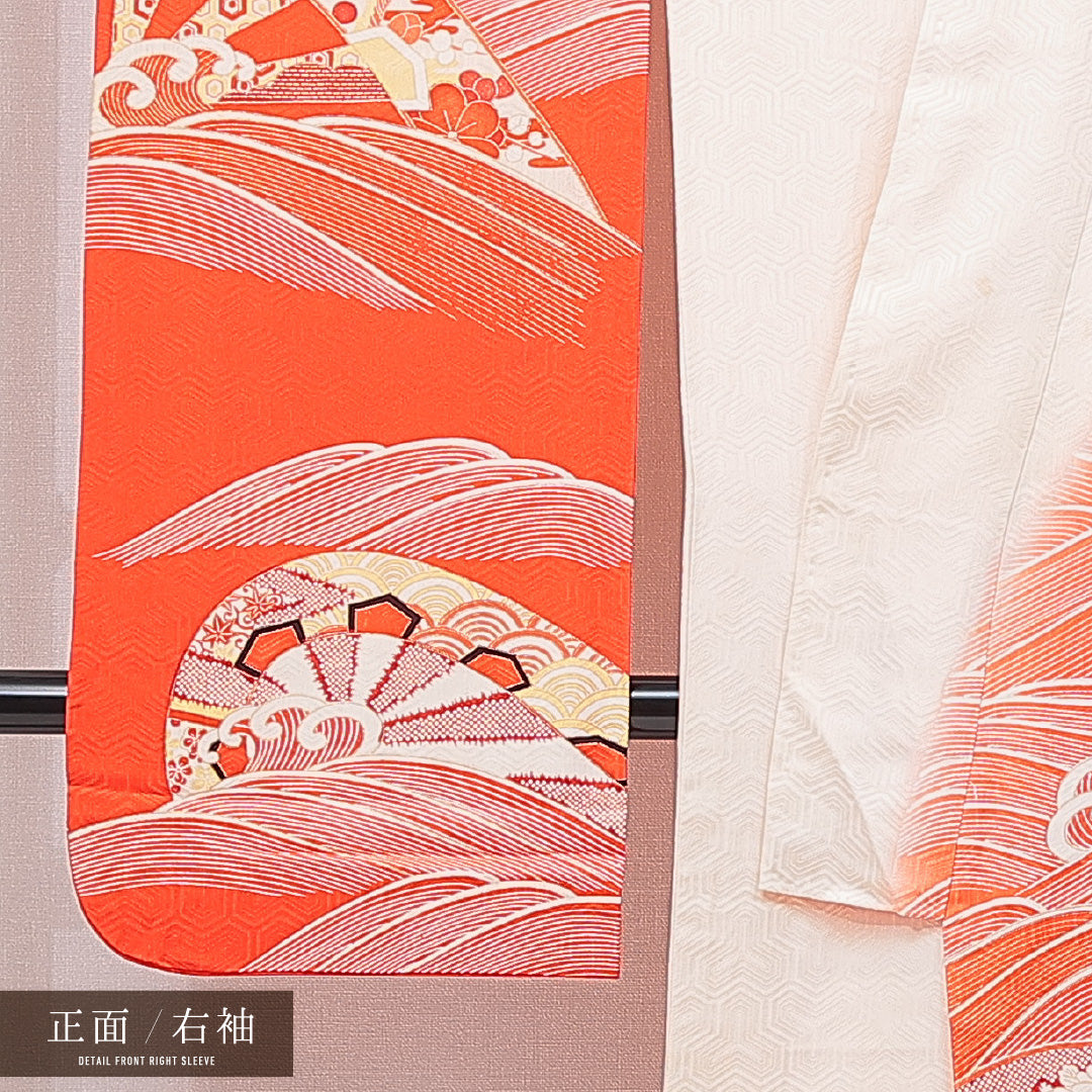 アンティーク 振袖 袷 身丈166cm 裄丈65cm 正絹 Bランク 広衿 XLサイズ 菱 菊 朱系 RP 1215-06901
