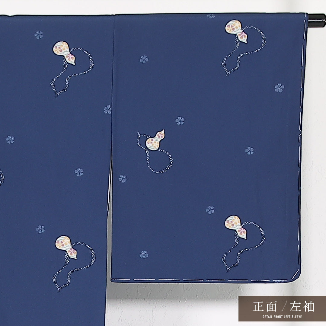 未使用品 洗える着物 小紋 袷 身丈169cm 裄丈66cm ポリエステル Sランク インフォーマル 広衿 XLサイズ ひょうたん 紺系 RP 1221-17441