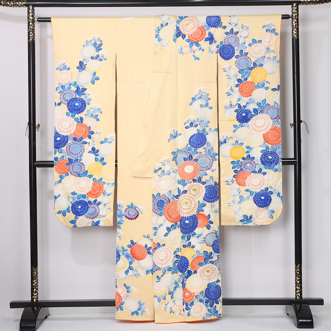 振袖 袷 身丈160cm 裄丈65cm 正絹 Bランク フォーマル 広衿 Lサイズ 刺繍 菊 黄系 RP 1215-06730