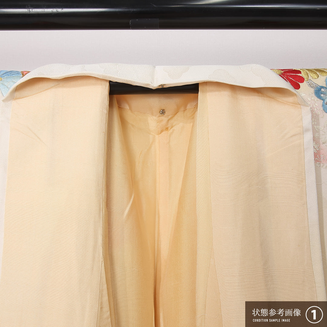 振袖 袷 身丈154cm 裄丈67cm 正絹 Aランク フォーマル 広衿 Sサイズ 刺繍 菊 クリーム系 RP 1215-06706