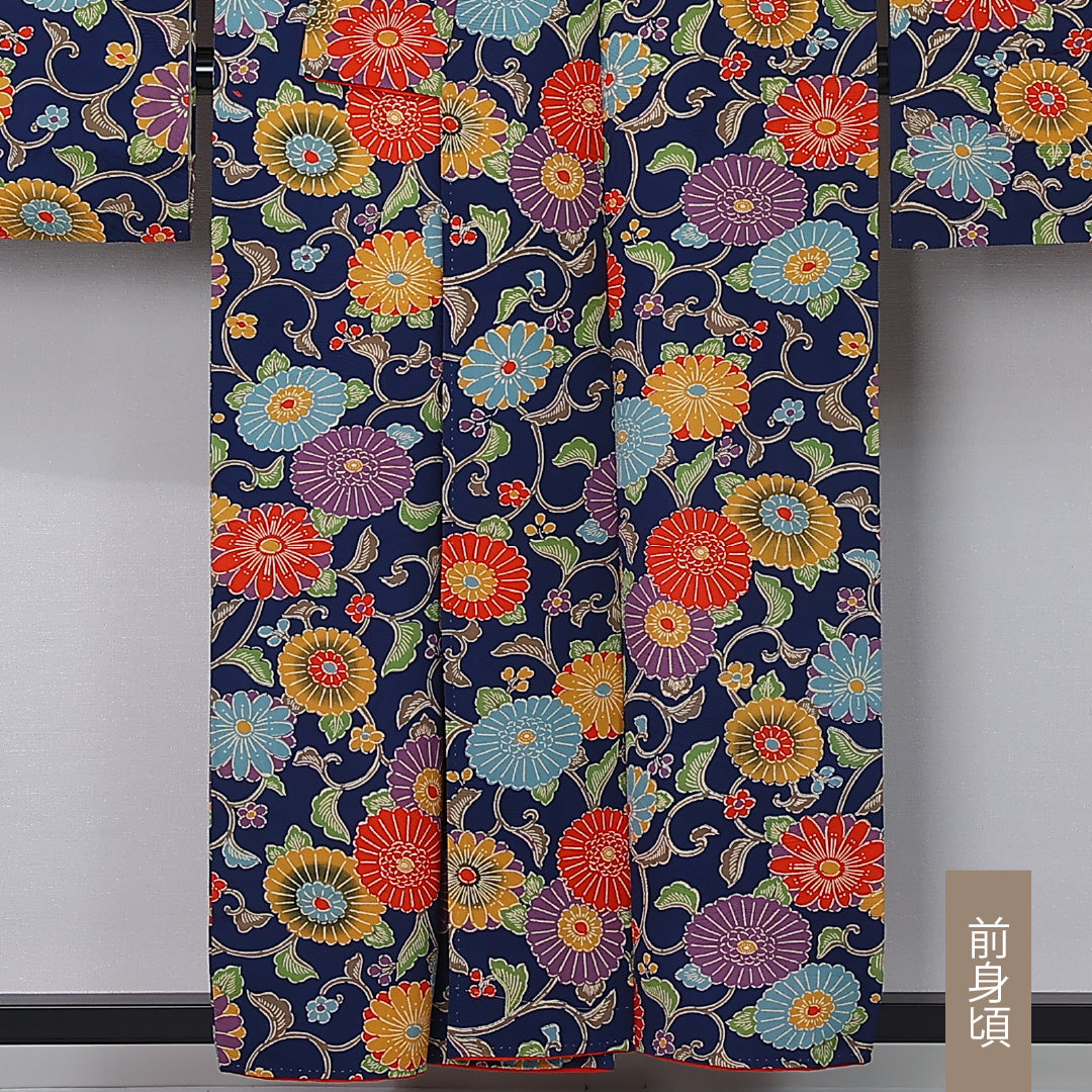 振袖 袷 身丈156cm 裄丈65cm 正絹 Sランク フォーマル 広衿 Mサイズ 菊 紺系 RP 1215-06768