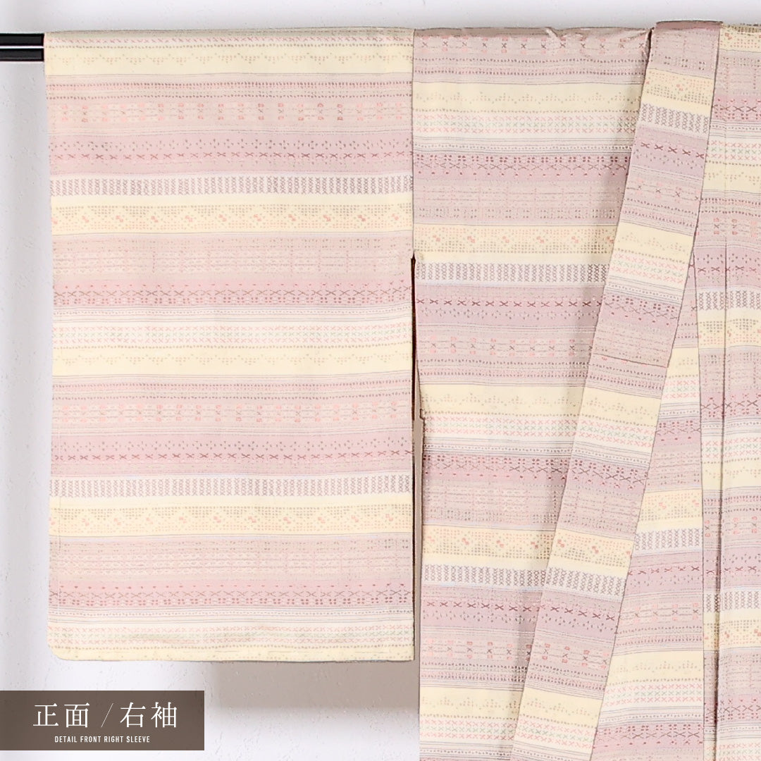 紬 単衣 身丈159cm 裄丈63cm 正絹 Sランク カジュアル バチ衿 Sサイズ 創作柄 ベージュ系 RP 1223-17353