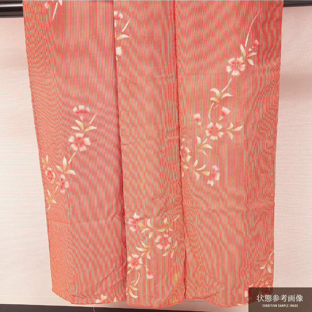 アンティーク 小紋 袷 身丈140cm 裄丈63cm 正絹 Cランク バチ衿 XSサイズ 金彩 撫子 朱系 LP 1221-17198