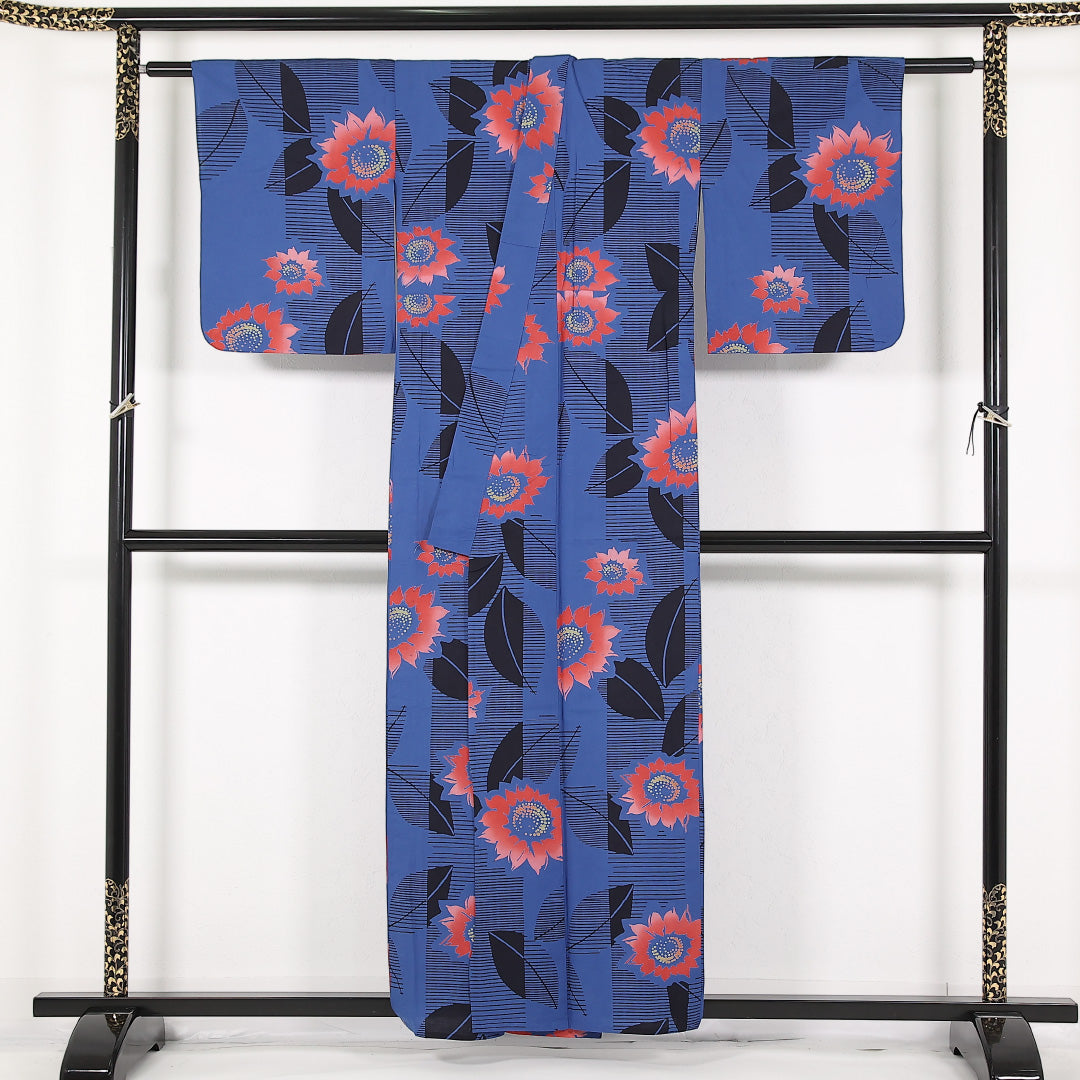 夏物 洗える着物 木綿の浴衣 身丈156cm 裄丈63cm 木綿 Aランク カジュアル バチ衿 XSサイズ 居敷当て 肩当て 向日葵 青系 RP 1225-17488