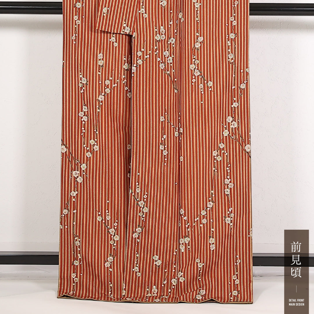 洗える着物 小紋 袷 身丈167cm 裄丈65cm ポリエステル Sランク インフォーマル 広衿 Mサイズ 梅 縞 朱系 RP 1221-17545