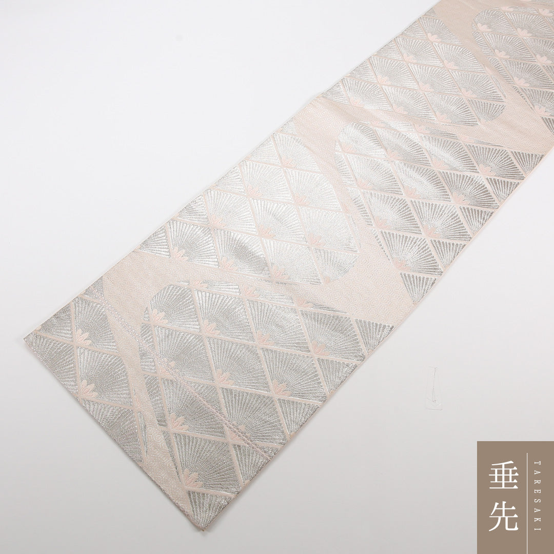 菱 袋帯 帯丈418cm 正絹 六通 セミフォーマル 銀系 1243-02522