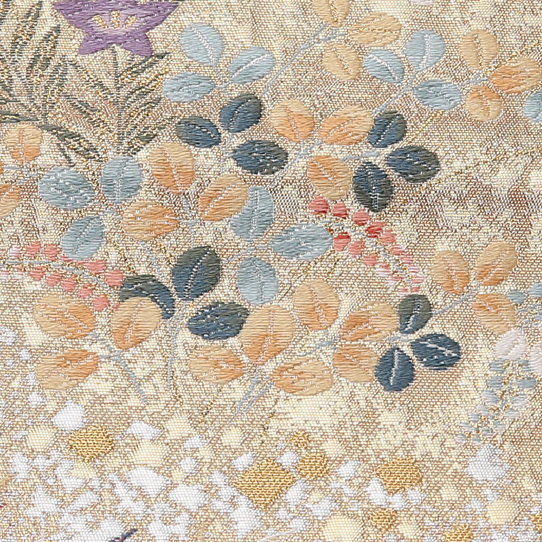 鶴 袋帯 帯丈428cm 正絹 六通 フォーマル 菊 白系 銀系 1243-02635