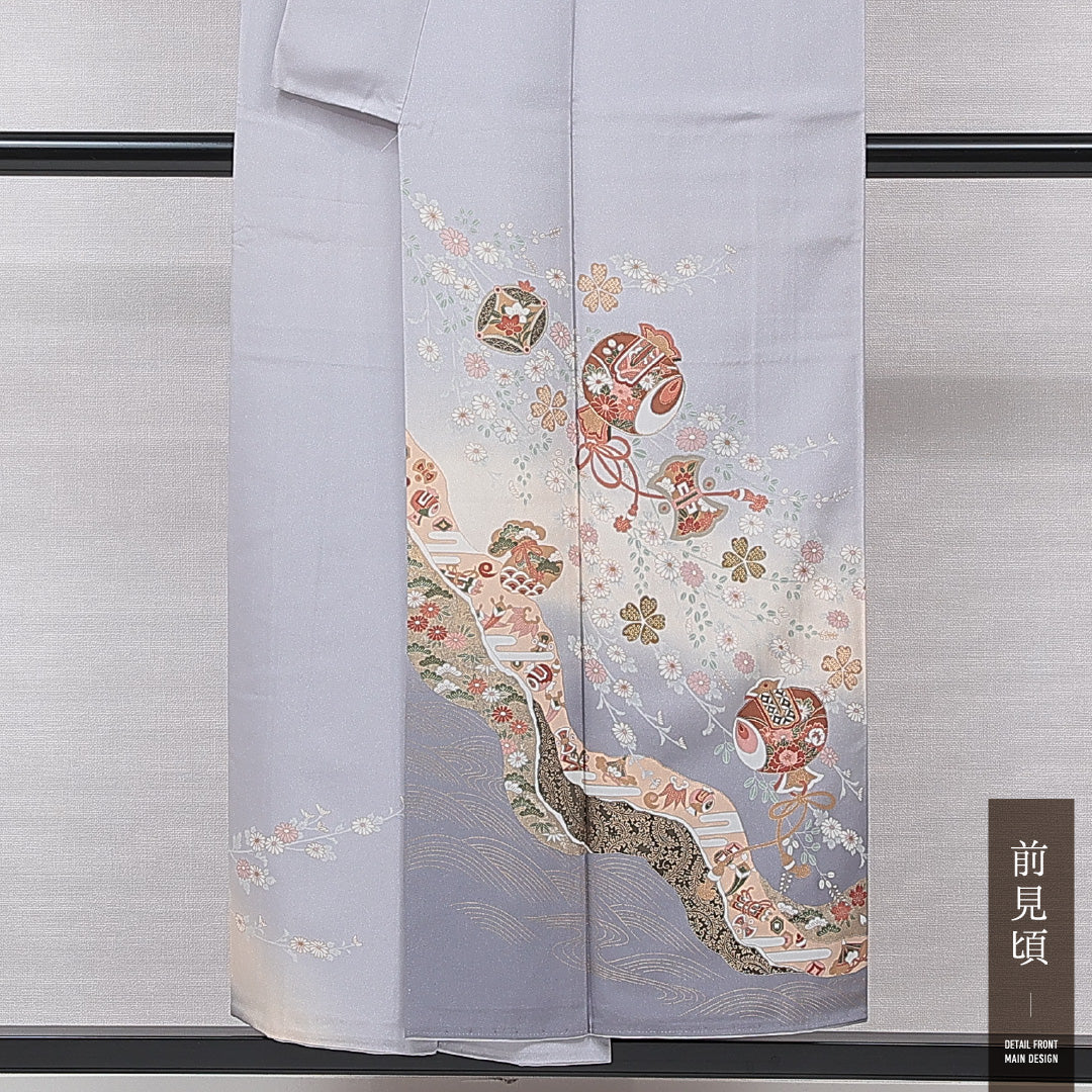 色留袖 袷 身丈150cm 裄丈63cm 正絹 Aランク 一つ紋 (丸に九つ星) セミフォーマル Sサイズ 宝尽くし グレー系 RP 1214-07092