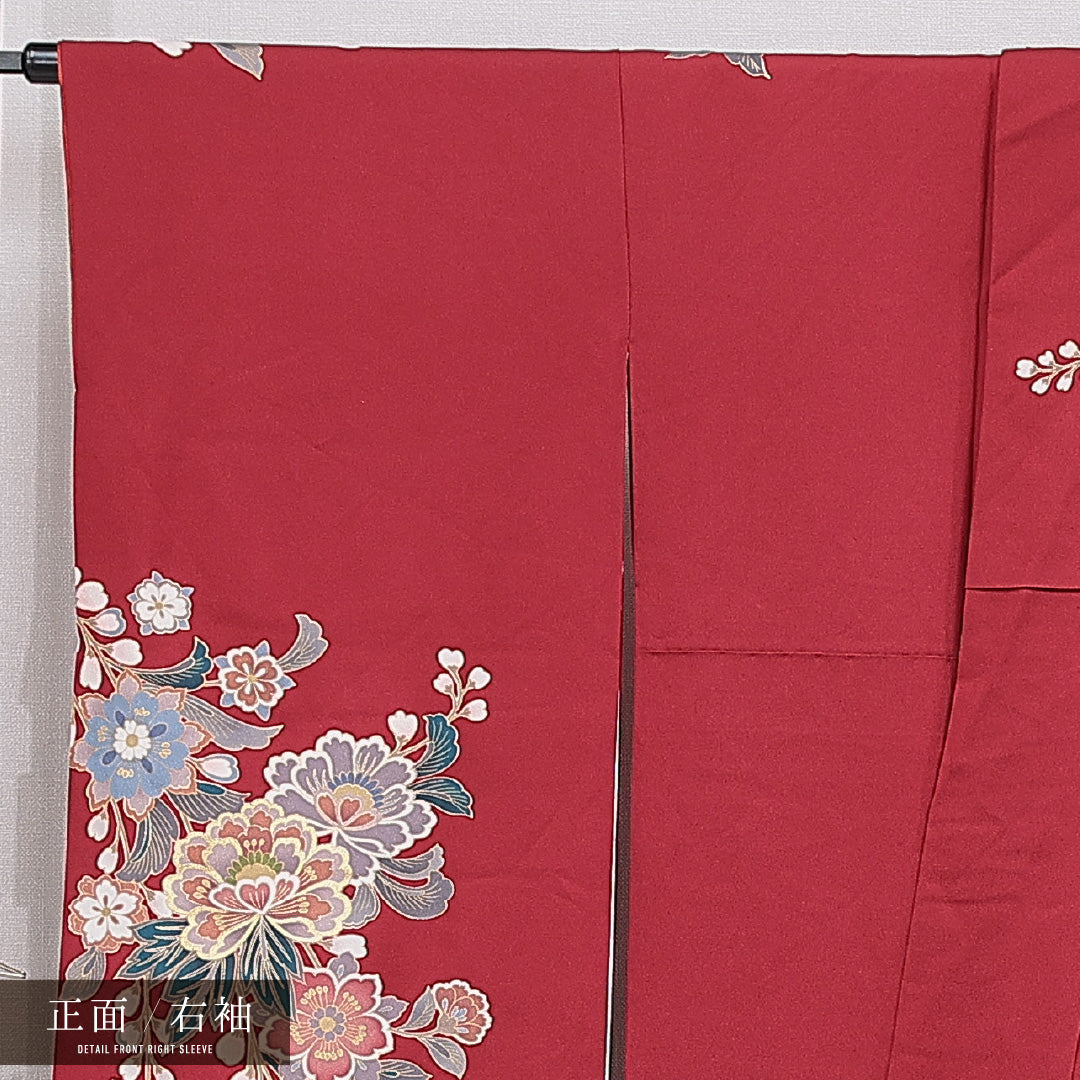 振袖 袷 身丈167cm 裄丈66cm 正絹 Sランク フォーマル 広衿 XLサイズ 蝶 牡丹 赤系 RP 1215-07009