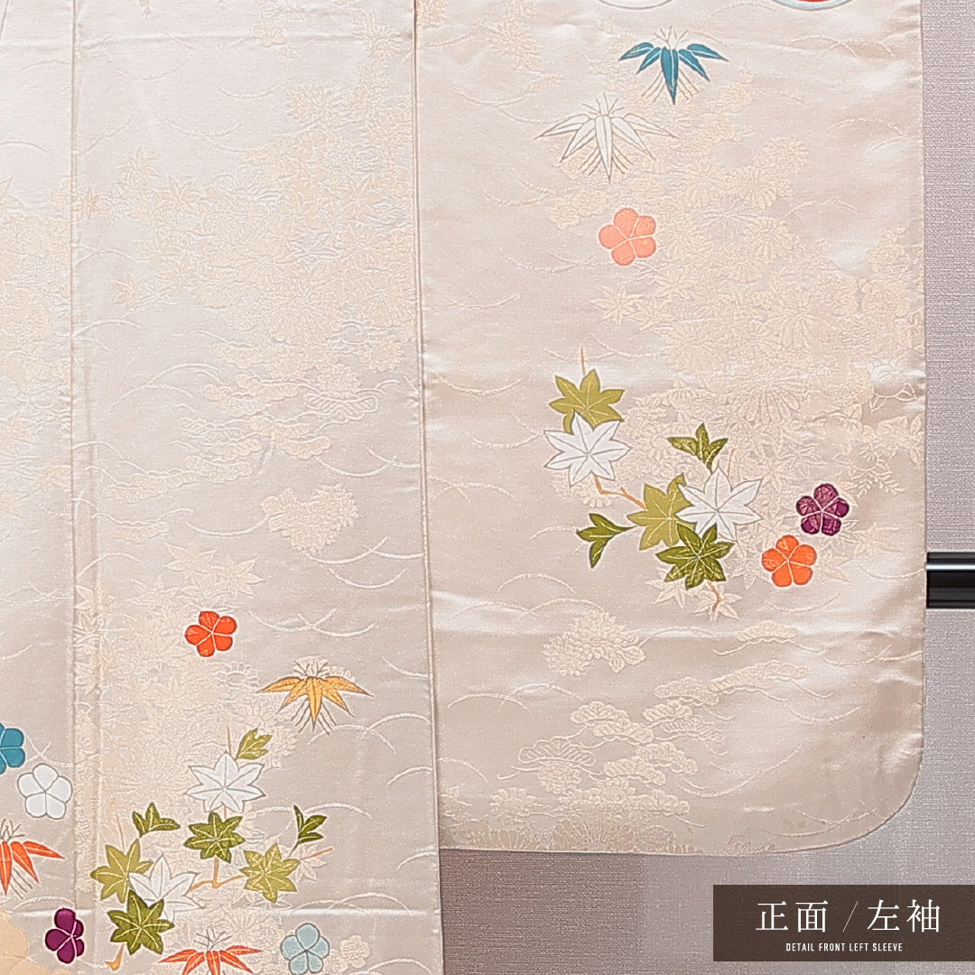 振袖 袷 身丈164cm 裄丈64cm 正絹 Cランク フォーマル 広衿 Lサイズ 青海波 菊 紅葉 クリーム系 HP 1215-07018