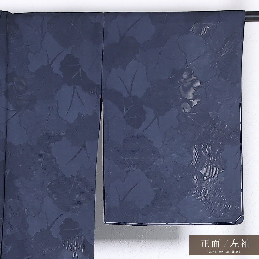 夏物 小紋 絽 身丈170cm 裄丈66cm 正絹 Sランク 一つ紋 (違い鷹の羽) セミフォーマル バチ衿 Lサイズ 植物柄 紺系 RP 1221-17349