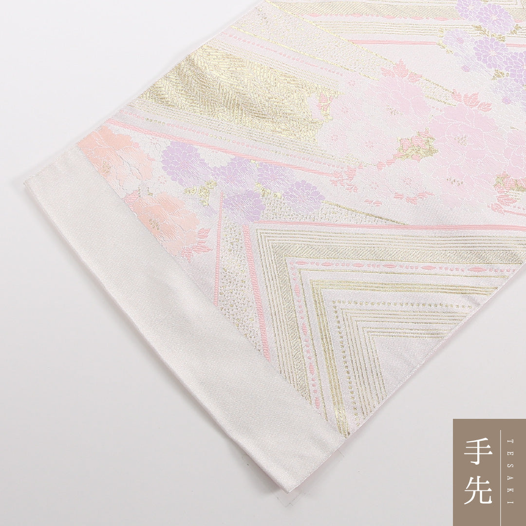 袋帯 帯丈436cm ポリエステル 六通 フォーマル 牡丹 クリーム系 ピンク系 1243-02546