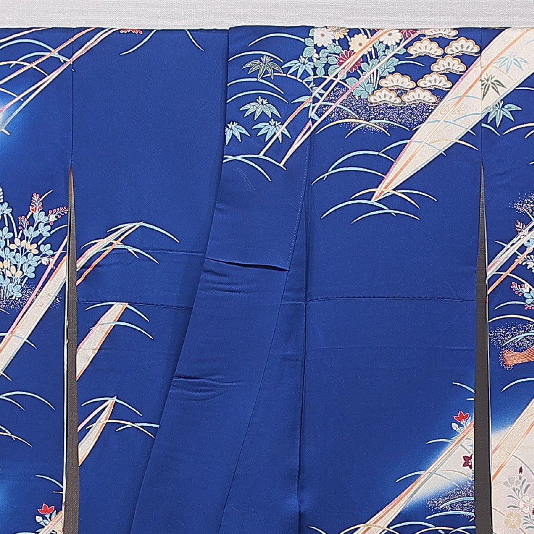 振袖 袷 身丈158cm 裄丈63cm 正絹 Aランク フォーマル 広衿 Mサイズ 金駒刺繍 扇面文 鶴 牡丹 青系 RP 1215-06995