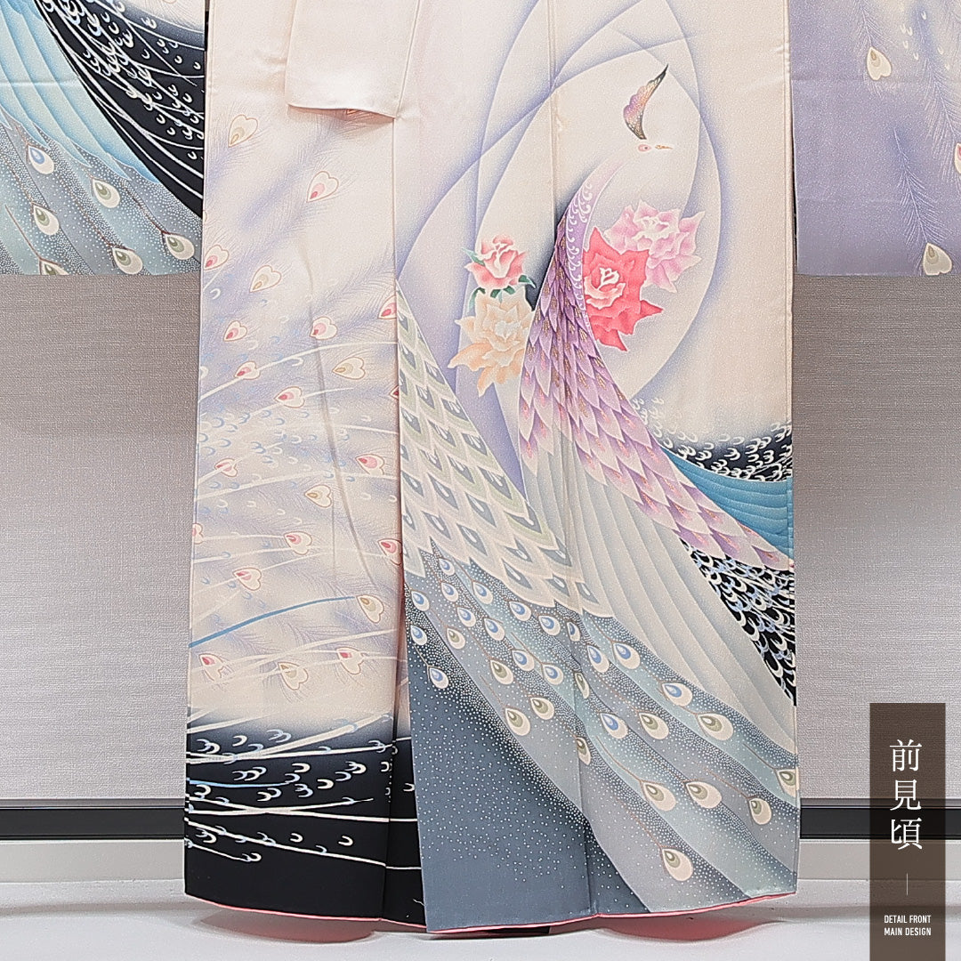 振袖 袷 身丈159cm 裄丈63cm 正絹 Sランク フォーマル 広衿 Mサイズ 孔雀 牡丹 クリーム系 RP 1215-06991