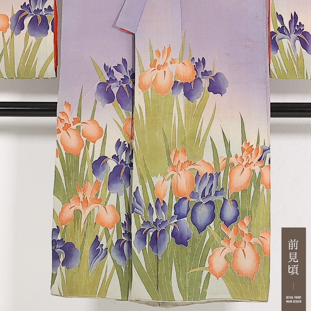 アンティーク 小振袖 (ちりめん) 袷 身丈128cm 裄丈63cm 正絹 Dランク 三つ紋 (三つ割五三桐) バチ衿 XSサイズ 菖蒲 紅葉 ちりめん グレー系 M4 1216-17555