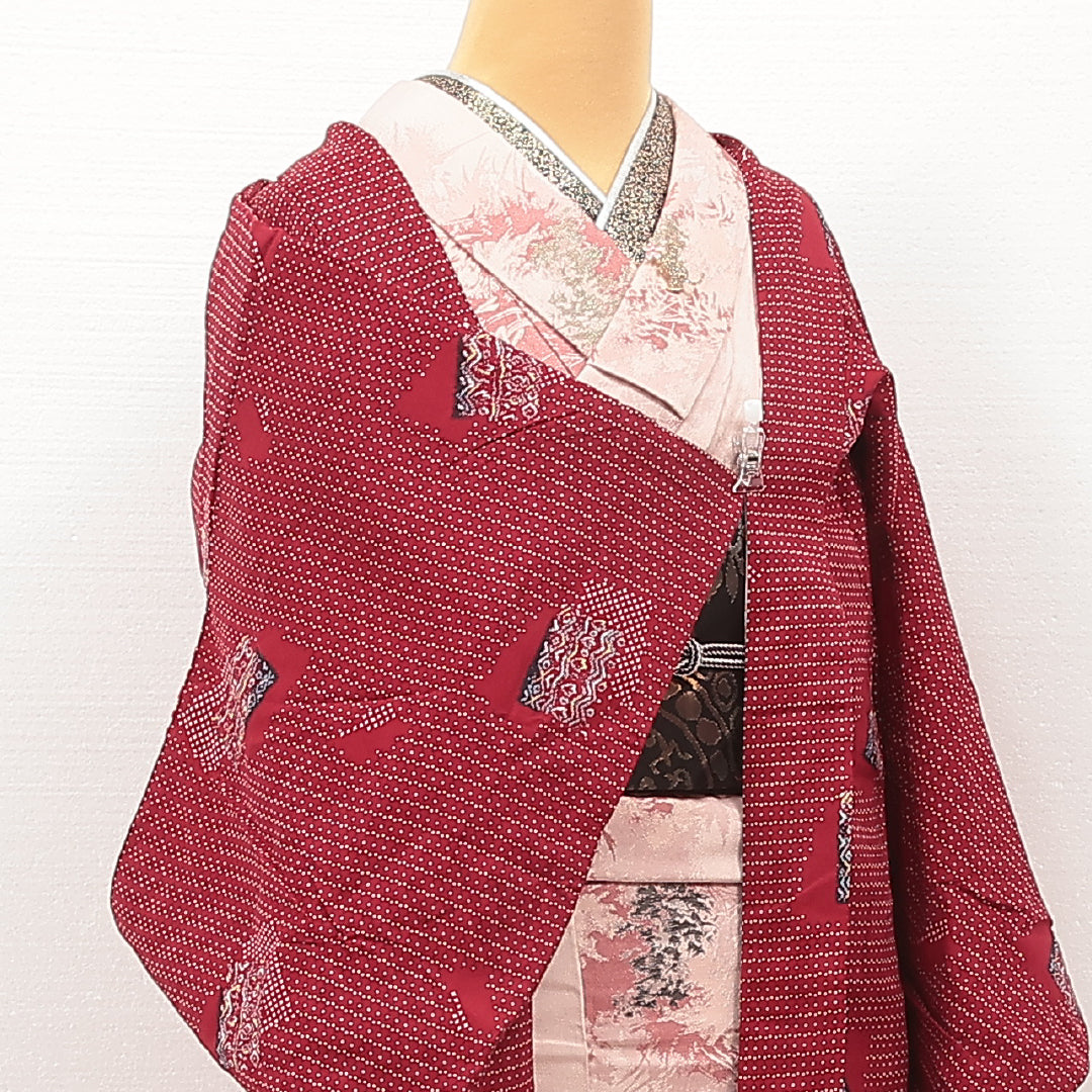 アンティーク 羽織 (紬) 袷 身丈95cm 裄丈62cm 正絹 Aランク Sサイズ 創作柄 赤系 LP 1232-17209