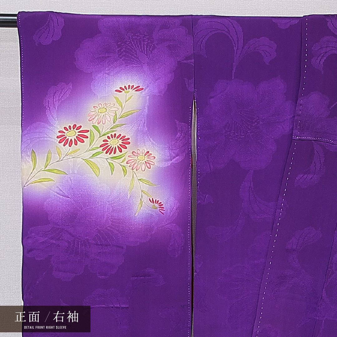 アンティーク 小振袖 (錦紗) 袷 身丈153cm 裄丈62cm 正絹 Dランク 広衿 Sサイズ 扇面文 紫系 M4 1216-07101
