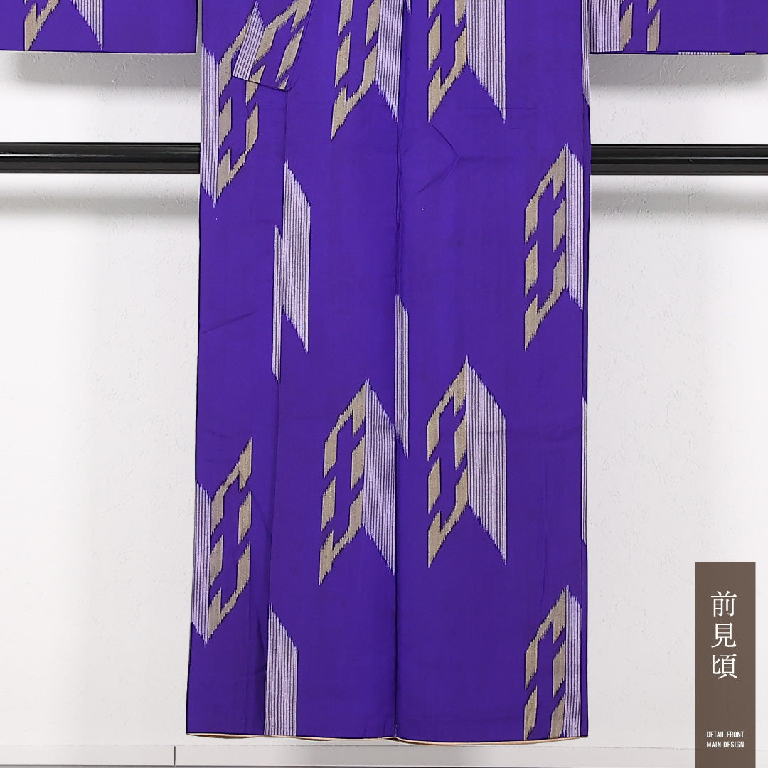 アンティーク 洗える着物 木綿の紬 袷 身丈146cm 裄丈63cm 木綿 Dランク バチ衿 Lサイズ 矢絣 紫系 RP 1223-17418