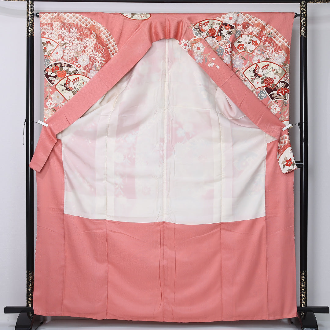 振袖 袷 身丈166cm 裄丈65cm 正絹 Aランク フォーマル 広衿 XLサイズ 蝶 椿 吉祥文様 ピンク系 RP 1215-06757