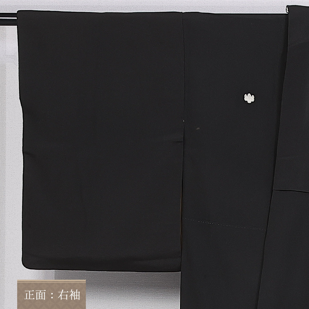 黒留袖 袷 身丈160cm 裄丈62cm 正絹 Bランク 五つ紋 (五三桐) フォーマル 広衿 Lサイズ 刺繍 比翼 格天井 菊 黒系 HP 1213-06583
