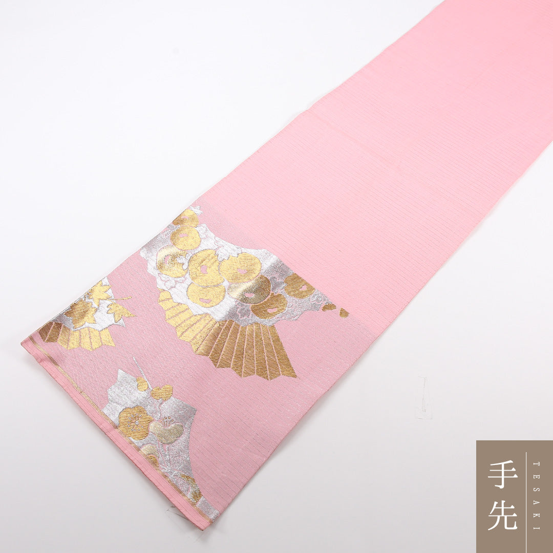 夏物 袋帯 帯丈412cm 正絹 六通 セミフォーマル 扇面文 梅 椿 ピンク系 1243-02470