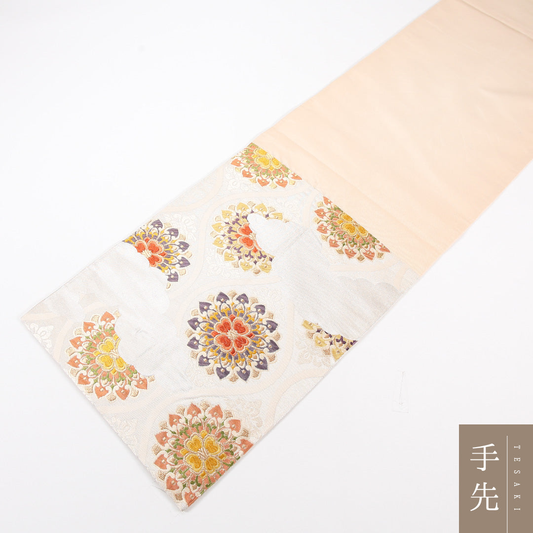 袋帯 帯丈424cm 正絹 六通 フォーマル 宝相華 立涌 クリーム系 1243-02554