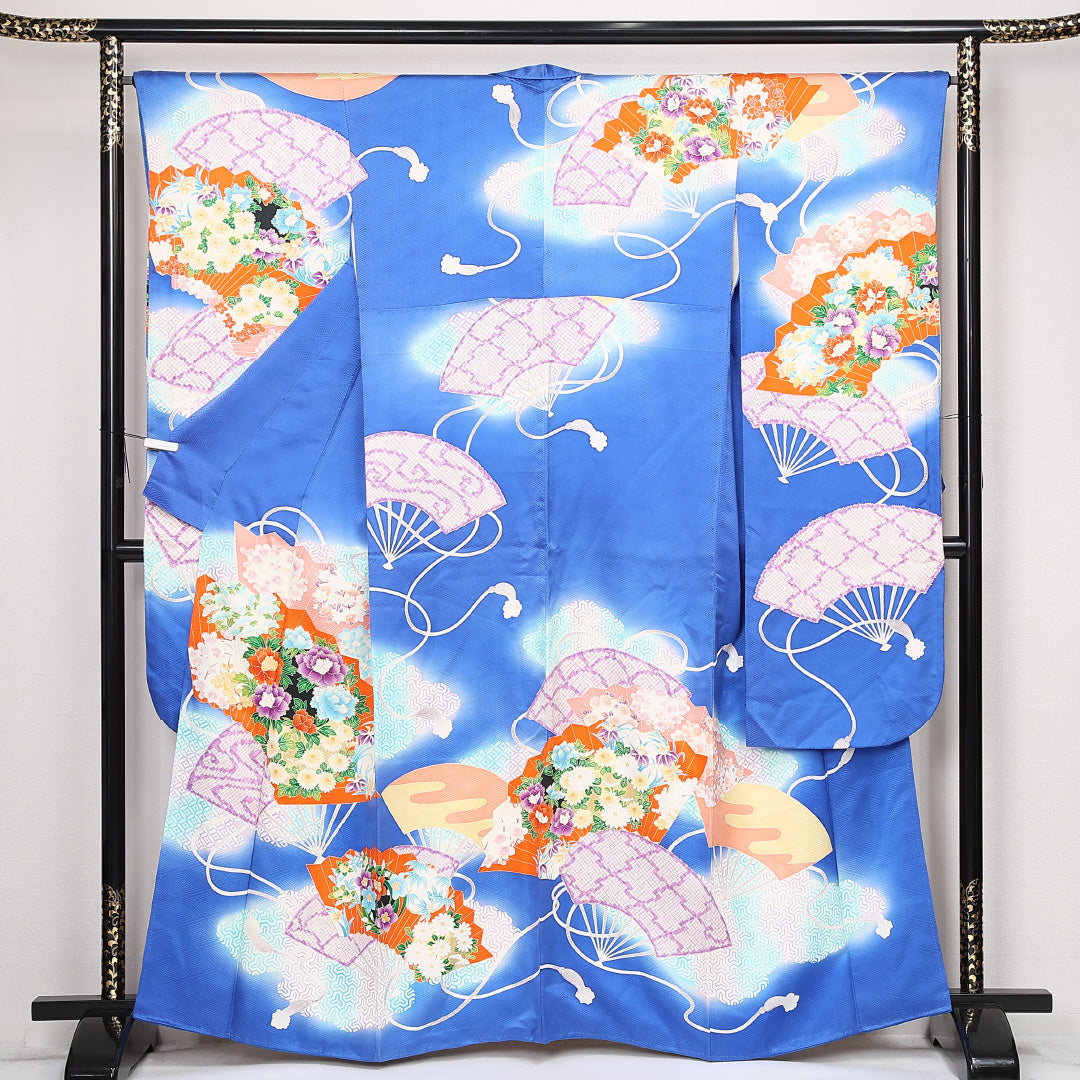 振袖 袷 身丈162cm 裄丈66cm 正絹 Cランク フォーマル 広衿 Lサイズ 扇面文 吉祥文様 青系 RP 1215-06785