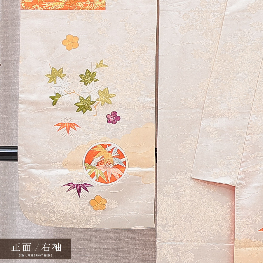 振袖 袷 身丈164cm 裄丈64cm 正絹 Cランク フォーマル 広衿 Lサイズ 青海波 菊 紅葉 クリーム系 HP 1215-07018