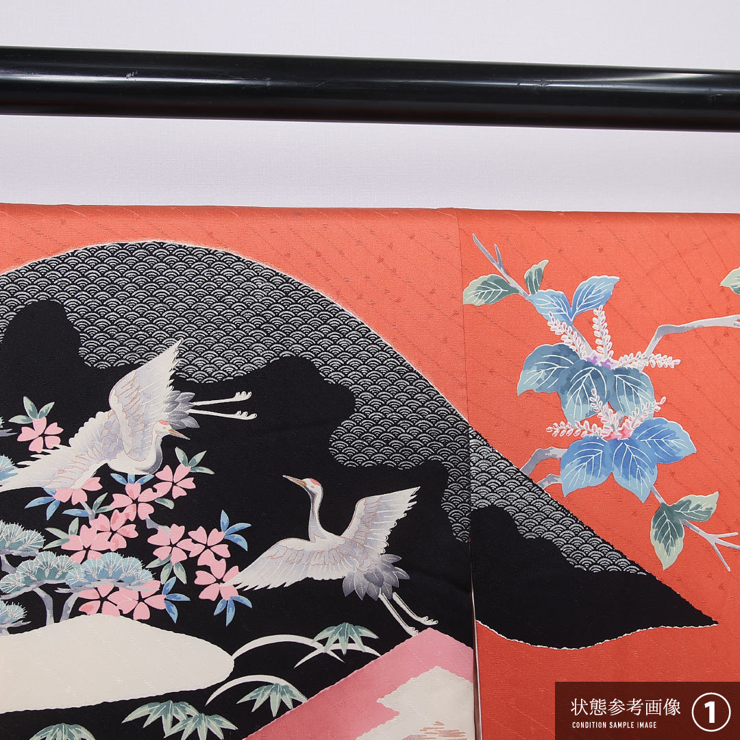 振袖 袷 身丈155cm 裄丈65cm 正絹 Aランク フォーマル 広衿 Mサイズ 御所車 鶴 牡丹 松 朱系 RP 1215-06741