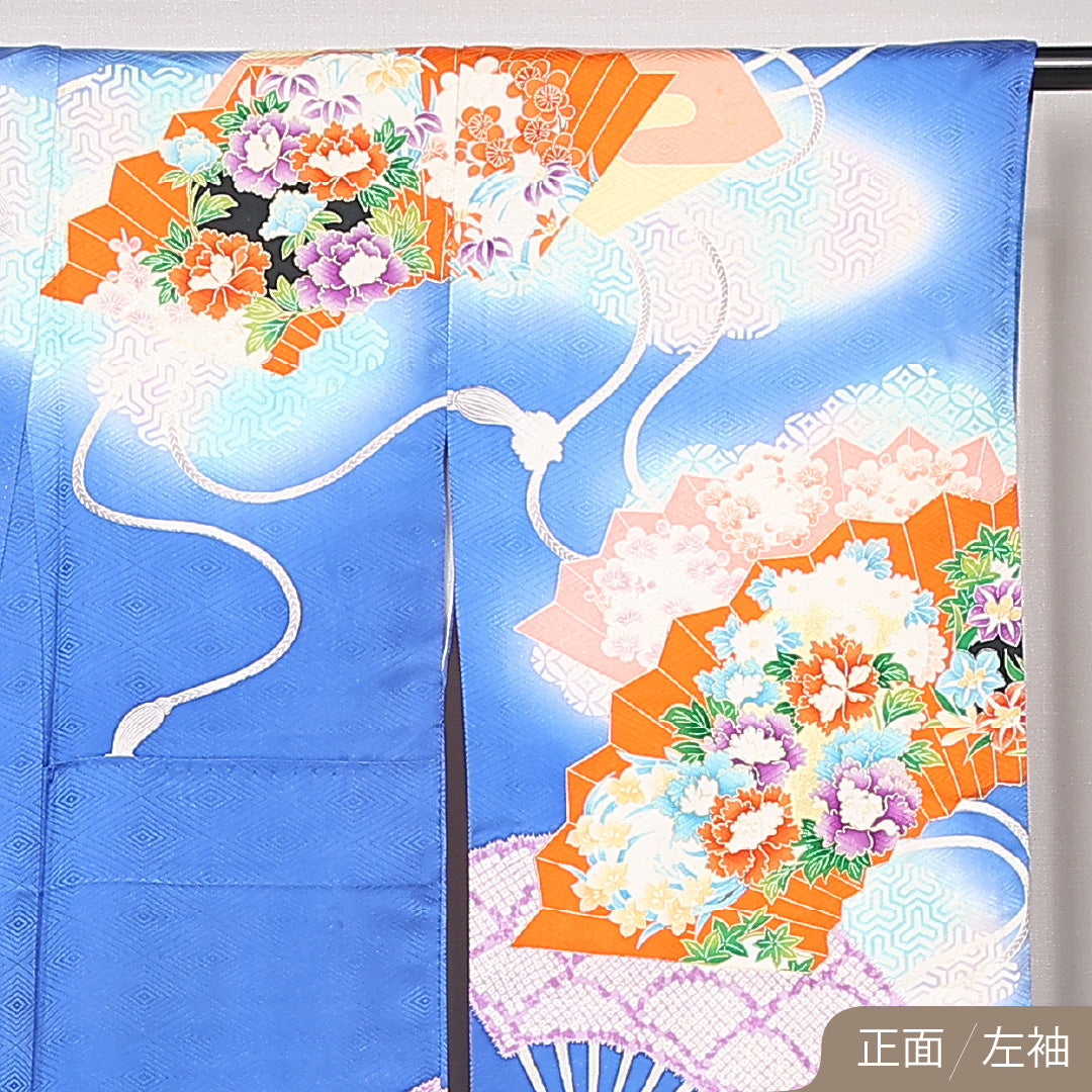 振袖 袷 身丈162cm 裄丈66cm 正絹 Cランク フォーマル 広衿 Lサイズ 扇面文 吉祥文様 青系 RP 1215-06785
