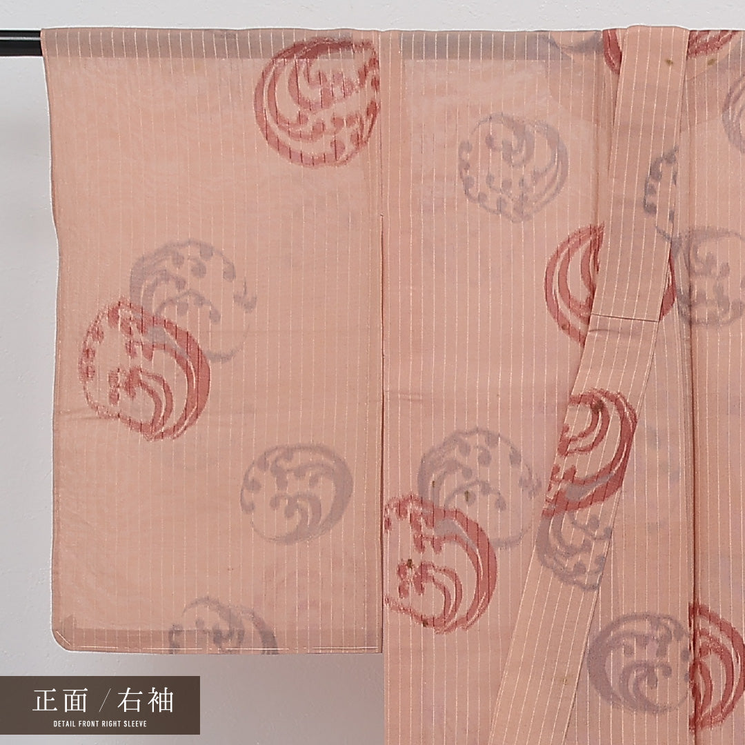 アンティーク 夏物 小紋 紗 身丈142cm 裄丈62cm 正絹 Cランク バチ衿 XSサイズ 荒磯 丸文 ピンク系 RP 1221-17241