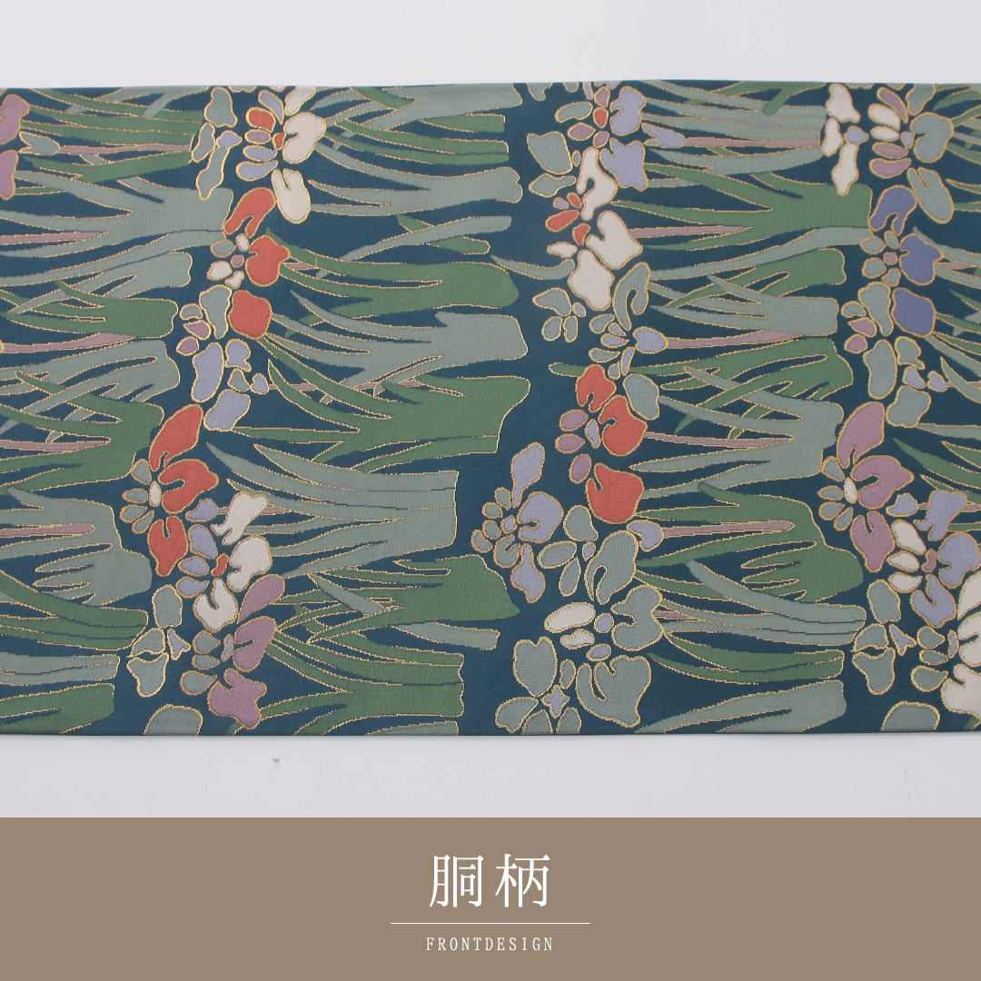 袋帯 帯丈418cm 正絹 六通 帯芯なし カジュアル 杜若 青系 1243-02341