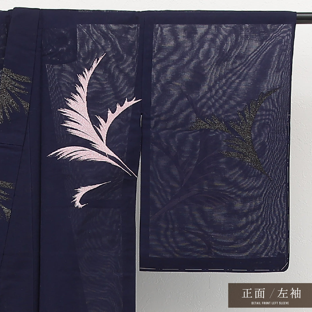 夏物 小紋 紗 身丈159cm 裄丈64cm 正絹 Cランク インフォーマル バチ衿 Sサイズ 植物柄 紺系 RP 1221-17238