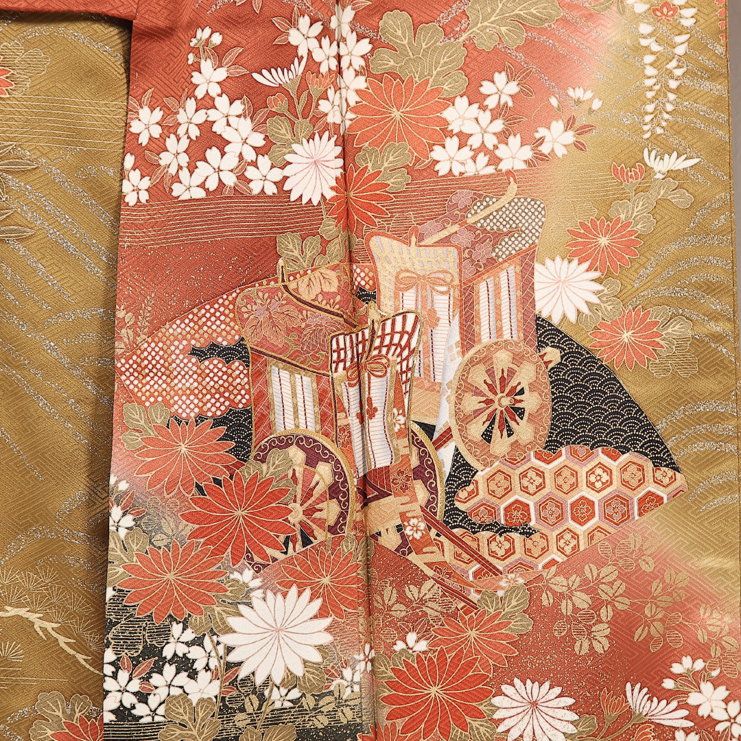 振袖 袷 身丈168cm 裄丈66cm 正絹 Sランク フォーマル 広衿 Lサイズ 金彩 金駒刺繍 御所車 赤系 RP 1215-17394