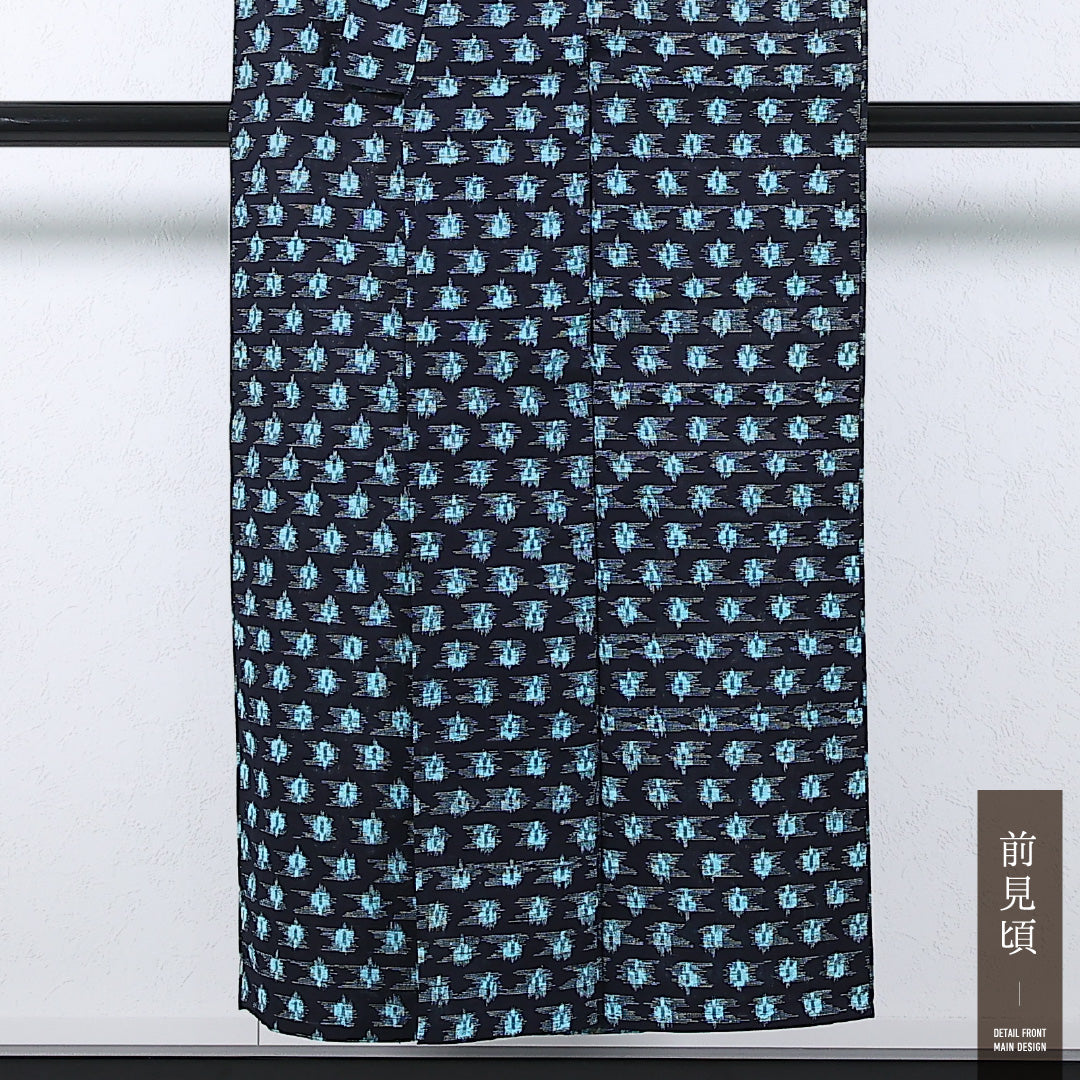 洗える着物 木綿の備後絣の着物 単衣 身丈148cm 裄丈61cm 木綿 Cランク カジュアル バチ衿 Sサイズ 水色系 RP 1223-17374