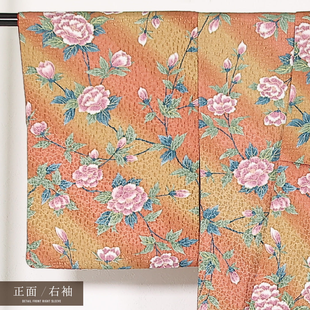 洗える着物 小紋 袷 身丈164cm 裄丈66cm ポリエステル Sランク インフォーマル 広衿 XLサイズ 牡丹 茶系 RP 1221-17440