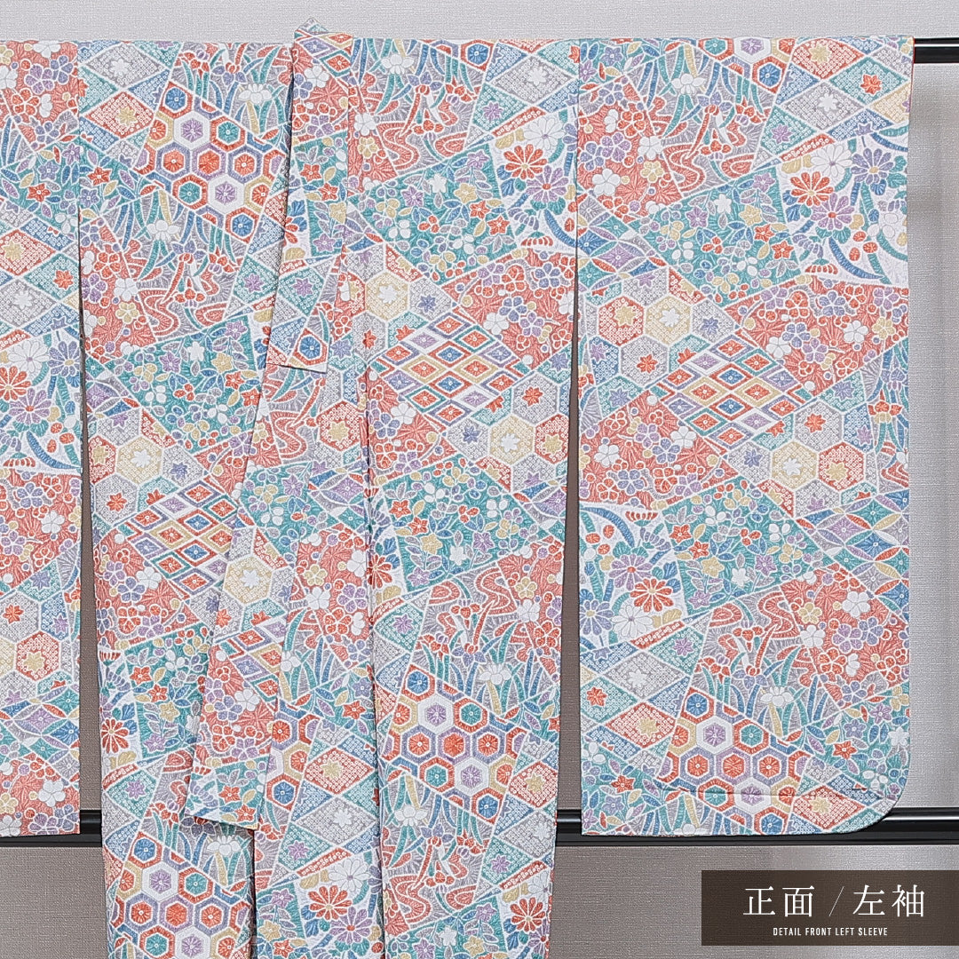 洗える着物 小振袖 袷 身丈151cm 裄丈62cm ポリエステル Sランク セミフォーマル バチ衿 Sサイズ 裂取り 多色系 RP 1216-07089