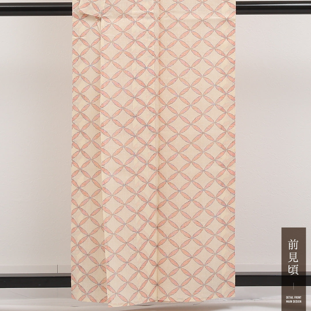 夏物 洗える着物 麻の紬 身丈155cm 裄丈62cm 麻 Cランク カジュアル バチ衿 Lサイズ 七宝 クリーム系 RP 1223-17296