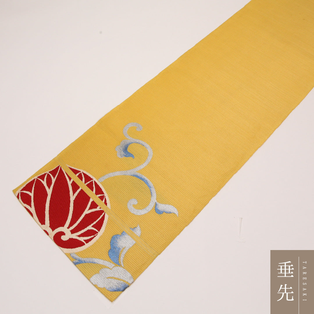アンティーク 夏物 本袋帯 帯丈424cm 正絹 ポイント柄 帯芯なし 唐華 黄系 1243-02430