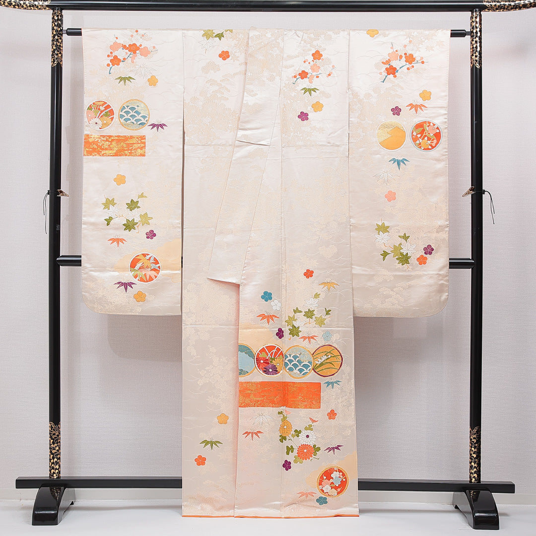 振袖 袷 身丈164cm 裄丈64cm 正絹 Cランク フォーマル 広衿 Lサイズ 青海波 菊 紅葉 クリーム系 HP 1215-07018