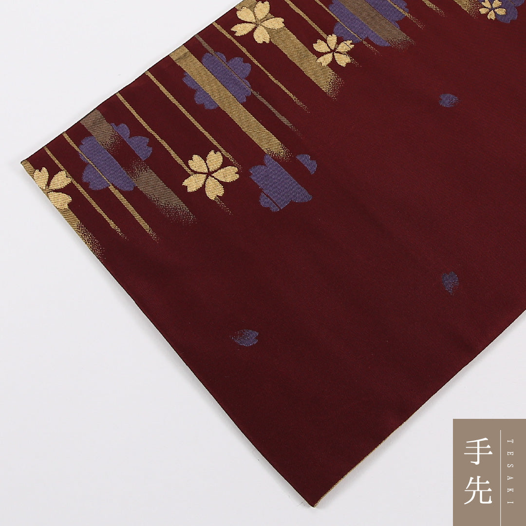 桜 袋帯 帯丈444cm 正絹 六通 セミフォーマル 赤系 茶系 1243-02600