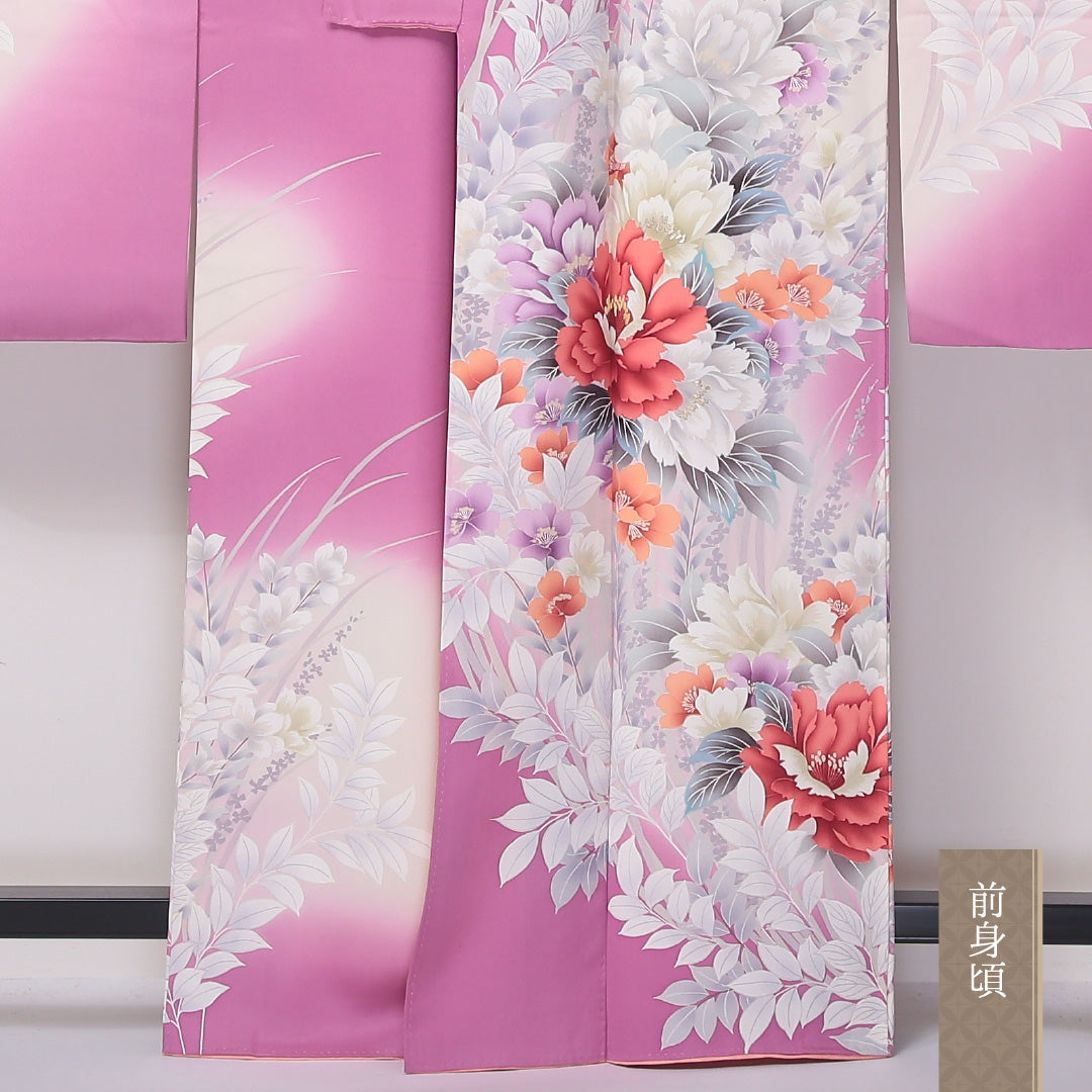 振袖 袷 身丈164cm 裄丈66cm 正絹 Sランク フォーマル 広衿 Lサイズ 金彩 牡丹 竜胆 ピンク系 RP 1215-06351